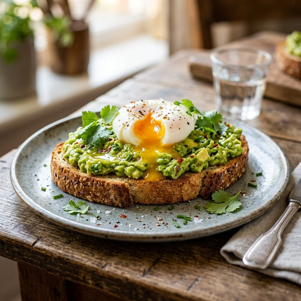 Delicious avocado toast with toppings on a wooden board