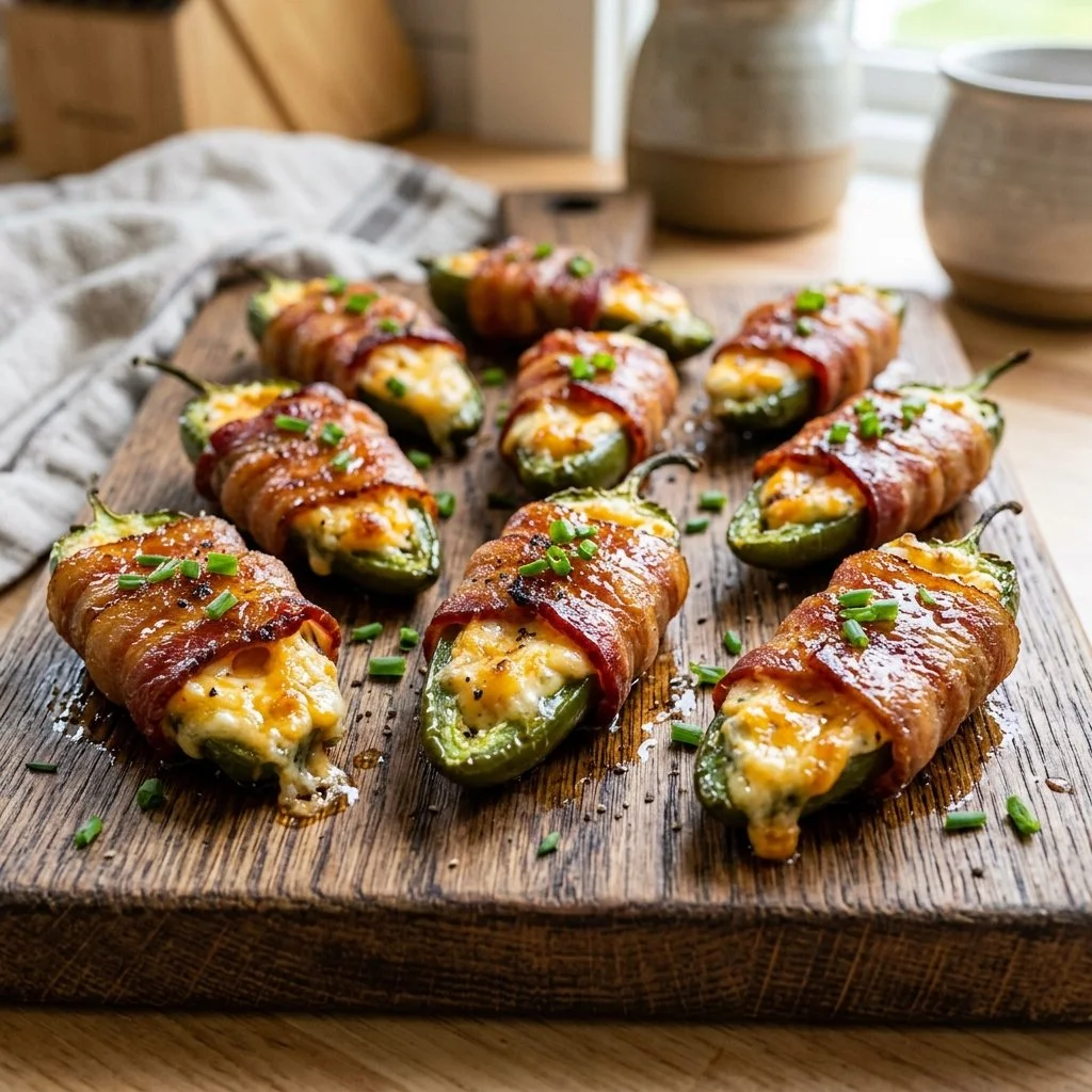 Bacon wrapped jalapeno poppers served on a platter, crispy and spicy appetizer.