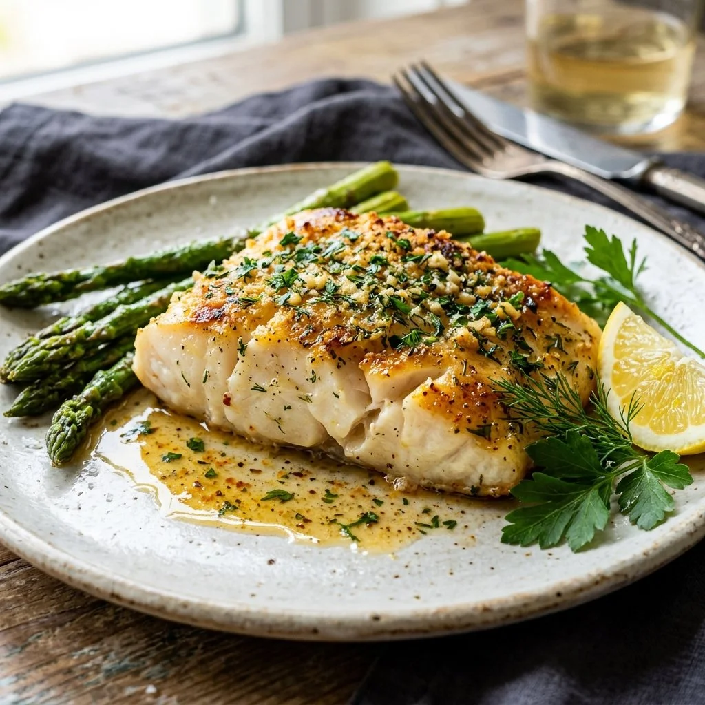 Plate of delicious baked cod with herbs and lemon, served with vegetables