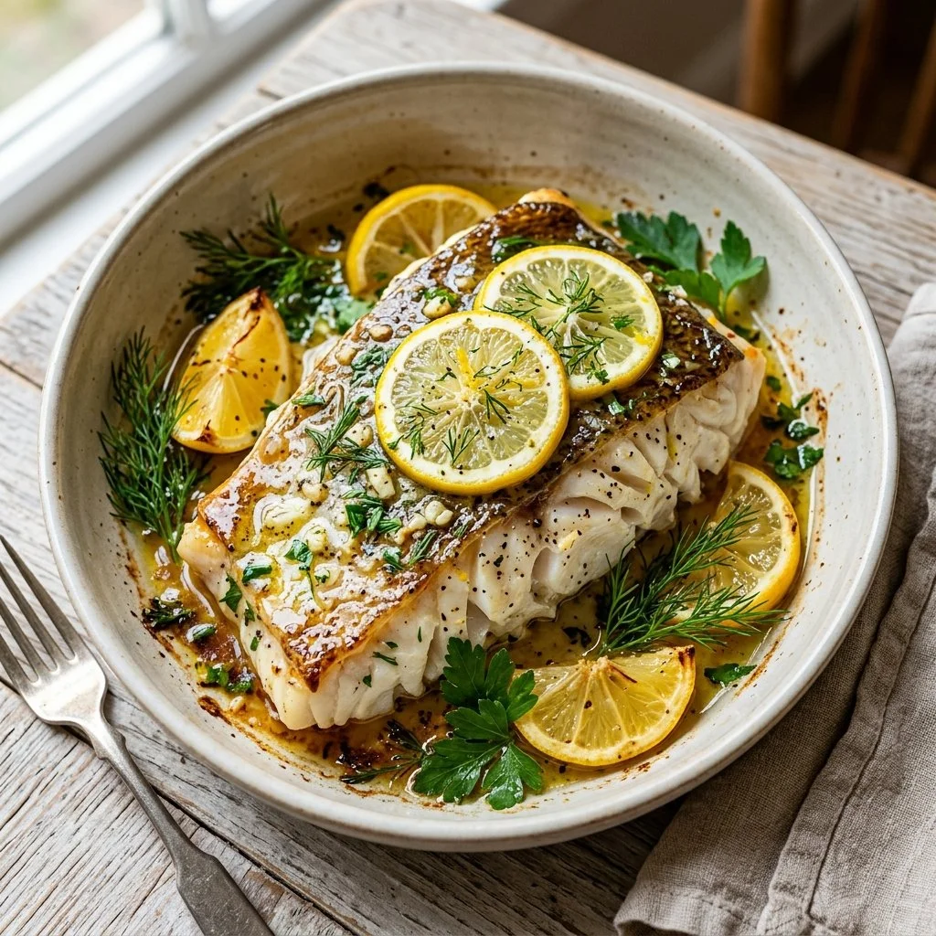 Baked cod fillet with lemon slices and fresh herbs on a plate.