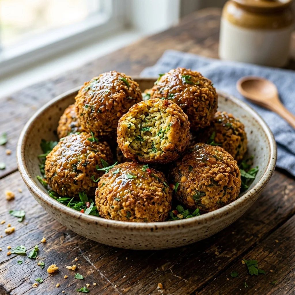 Plate of crispy baked falafel garnished with fresh herbs and served with dipping sauce