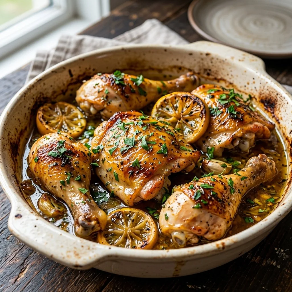 Delicious baked lemon chicken garnished with herbs and lemon slices
