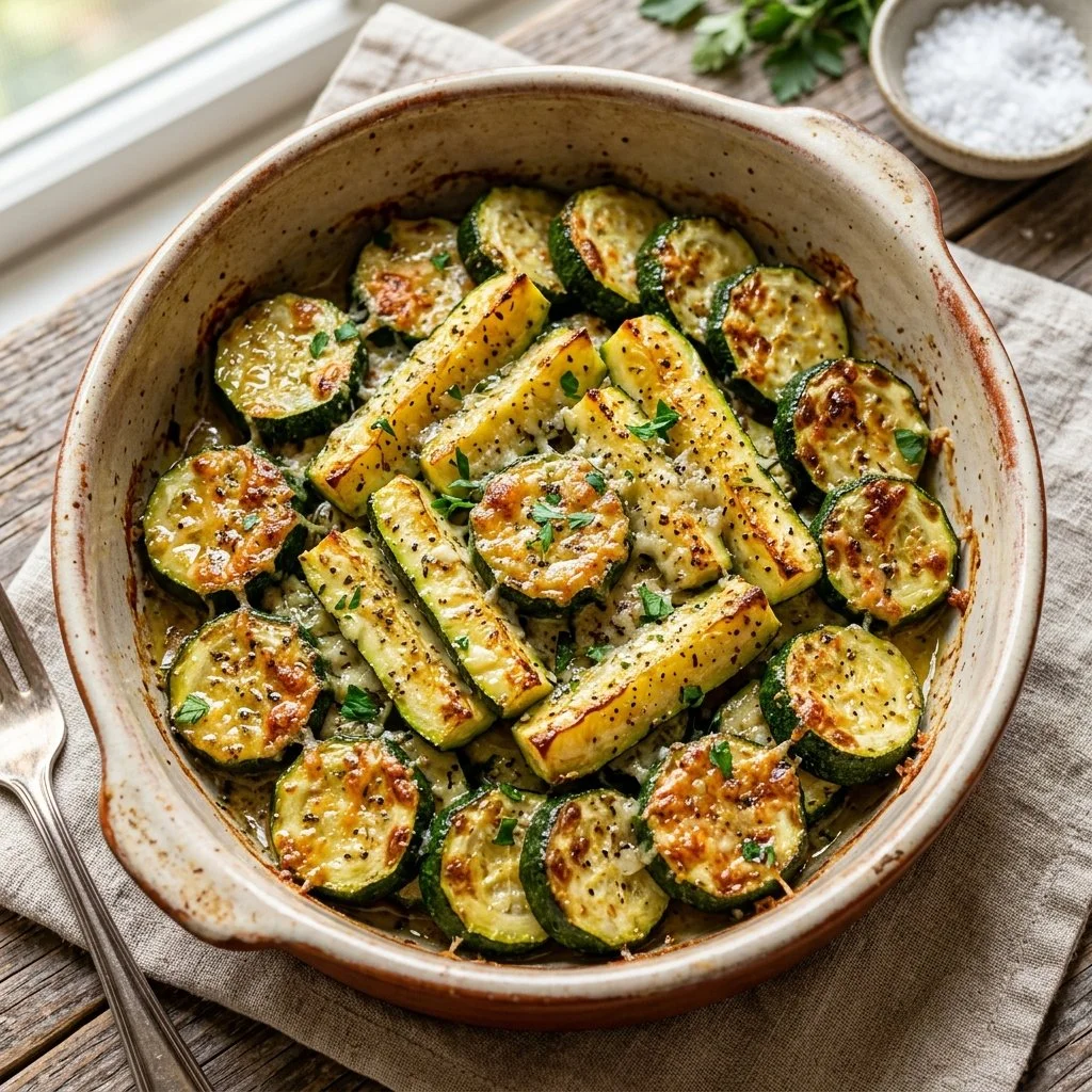 Baked Parmesan Zucchini dish garnished with herbs on a plate