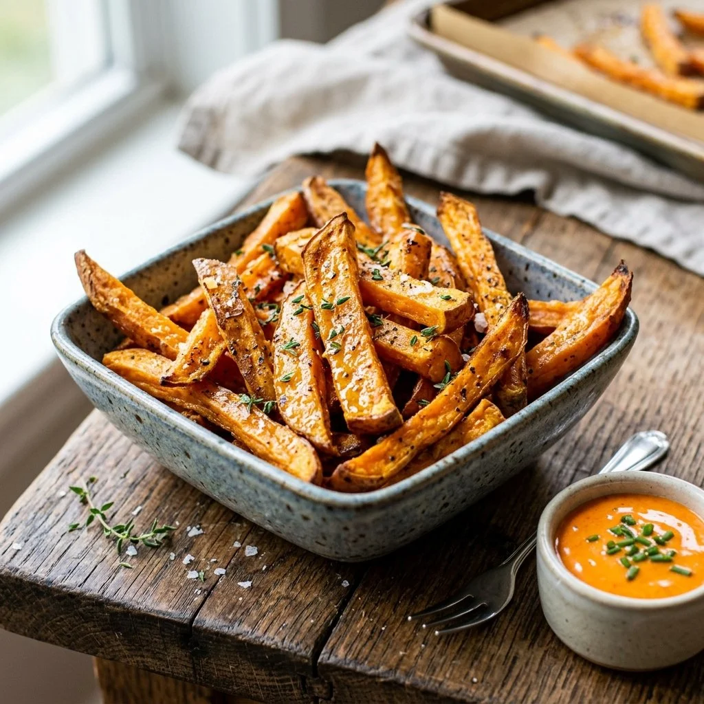 Baked sweet potato fries served in a bowl with dipping sauce