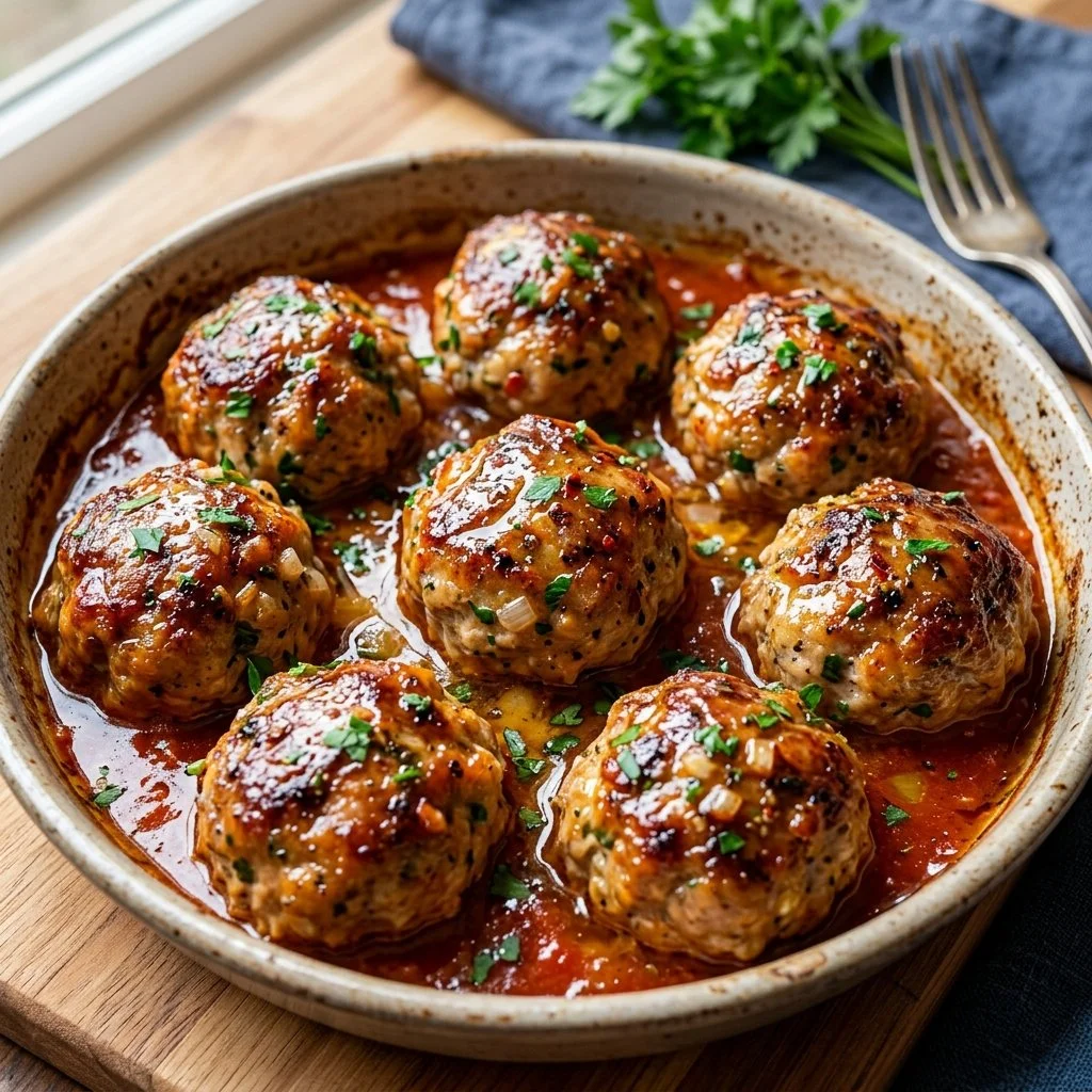 Baked turkey meatballs served with sauce and garnish