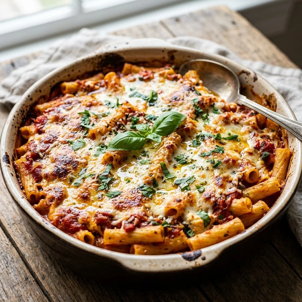 Delicious Baked Ziti topped with melted cheese and fresh herbs