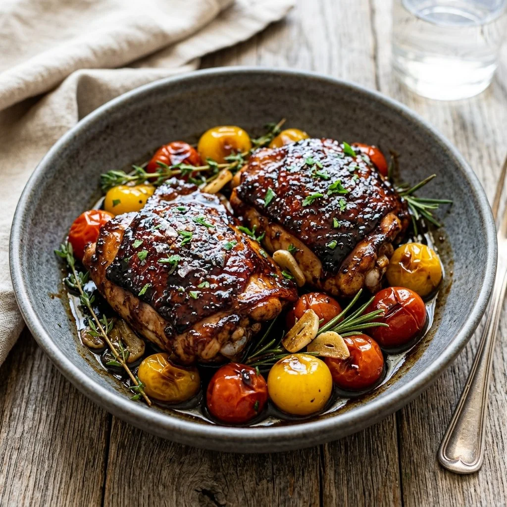 Plate of balsamic glazed chicken garnished with herbs and served with vegetables.