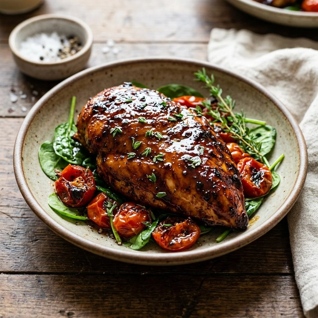 Balsamic glazed chicken garnished with herbs on a plate
