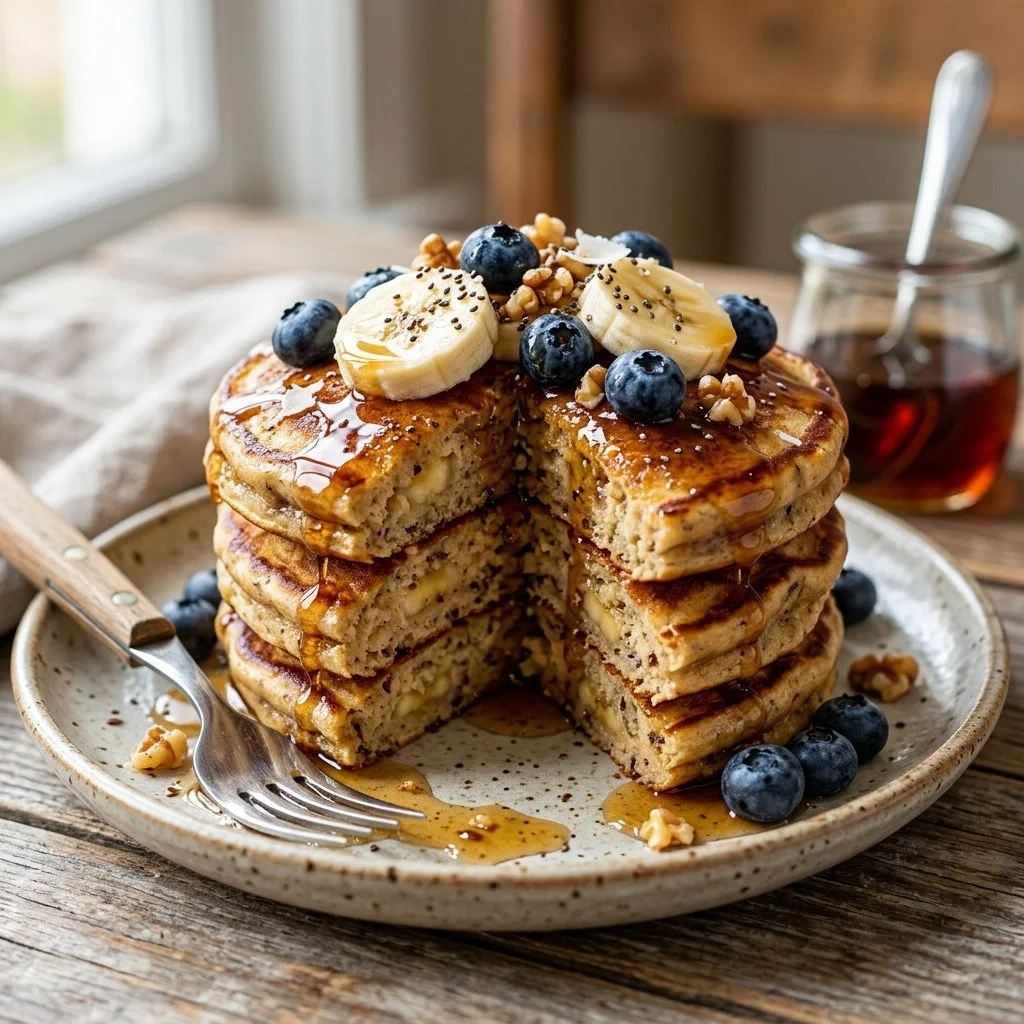 Fluffy banana protein pancakes served with syrup and sliced bananas