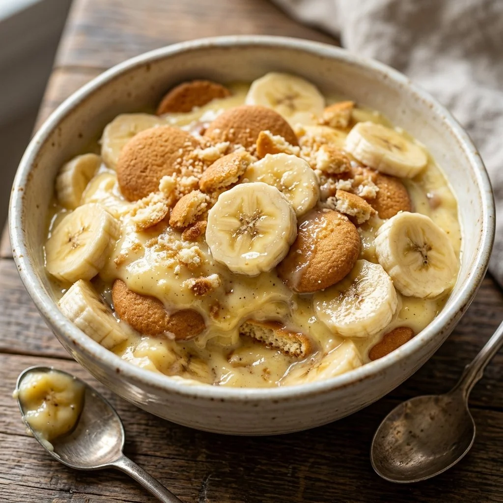 Delicious homemade banana pudding in a glass bowl topped with whipped cream and bananas
