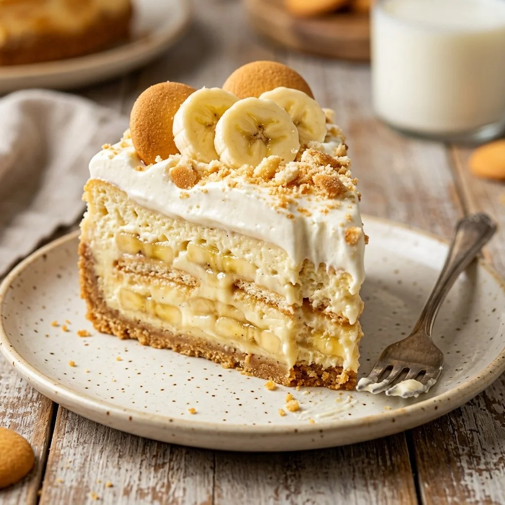 Delicious banana pudding cheesecake topped with banana slices and whipped cream.