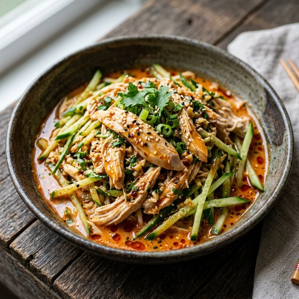 Deliciously prepared Bang Bang Chicken garnished with fresh herbs.