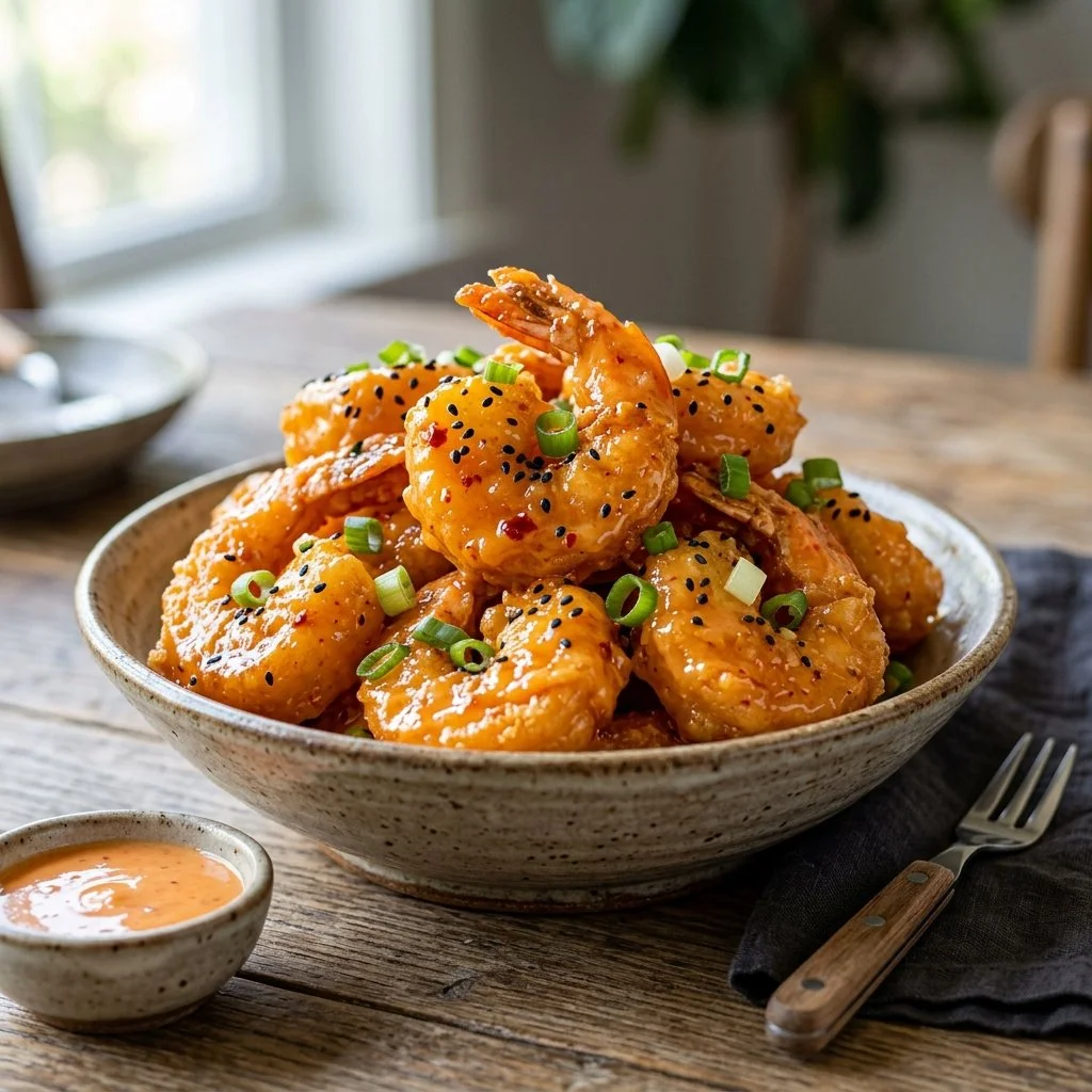 Crispy Bang Bang Shrimp drizzled with creamy sauce on a plate