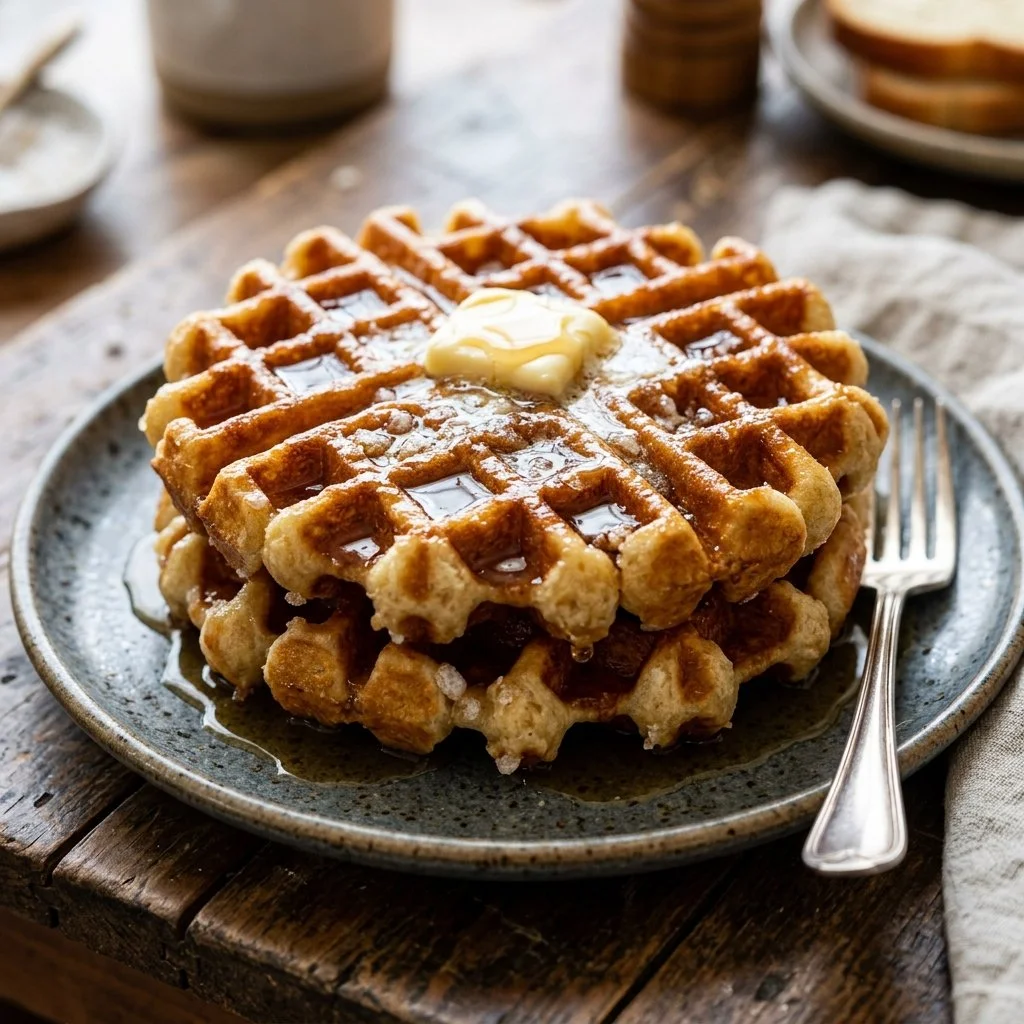 Delicious golden brown Belgian Waffles with toppings like syrup and fruits