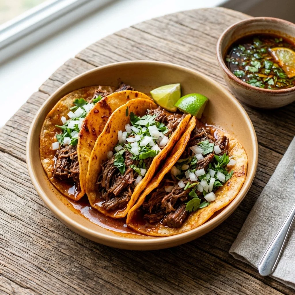 Delicious Birria Tacos served with rich consommé and fresh toppings.