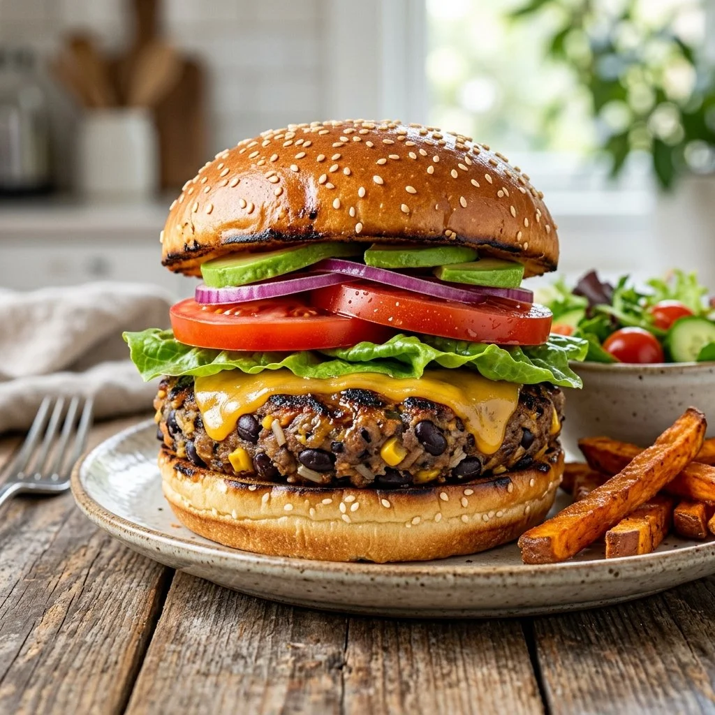 Delicious homemade Black Bean Burger served with fresh toppings.