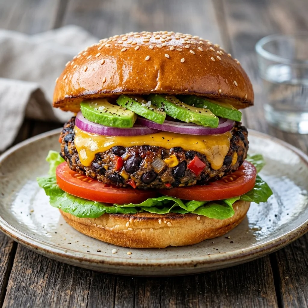 Delicious homemade black bean burgers garnished with fresh vegetables