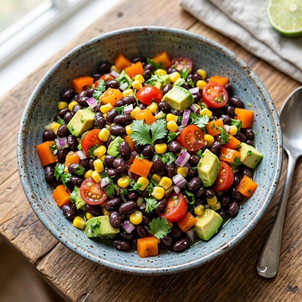Colorful black bean salad with vegetables and lime dressing