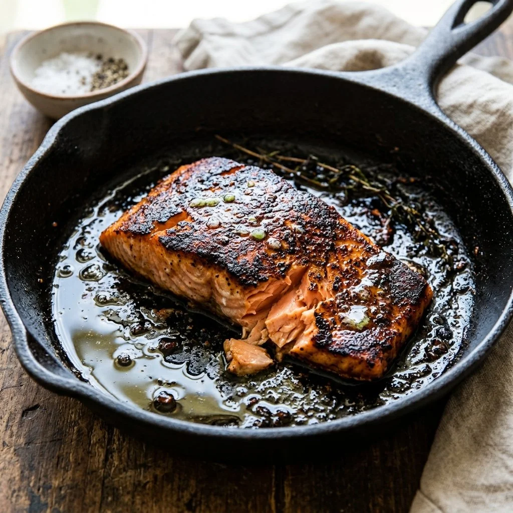 Delicious blackened salmon fillet served with fresh vegetables