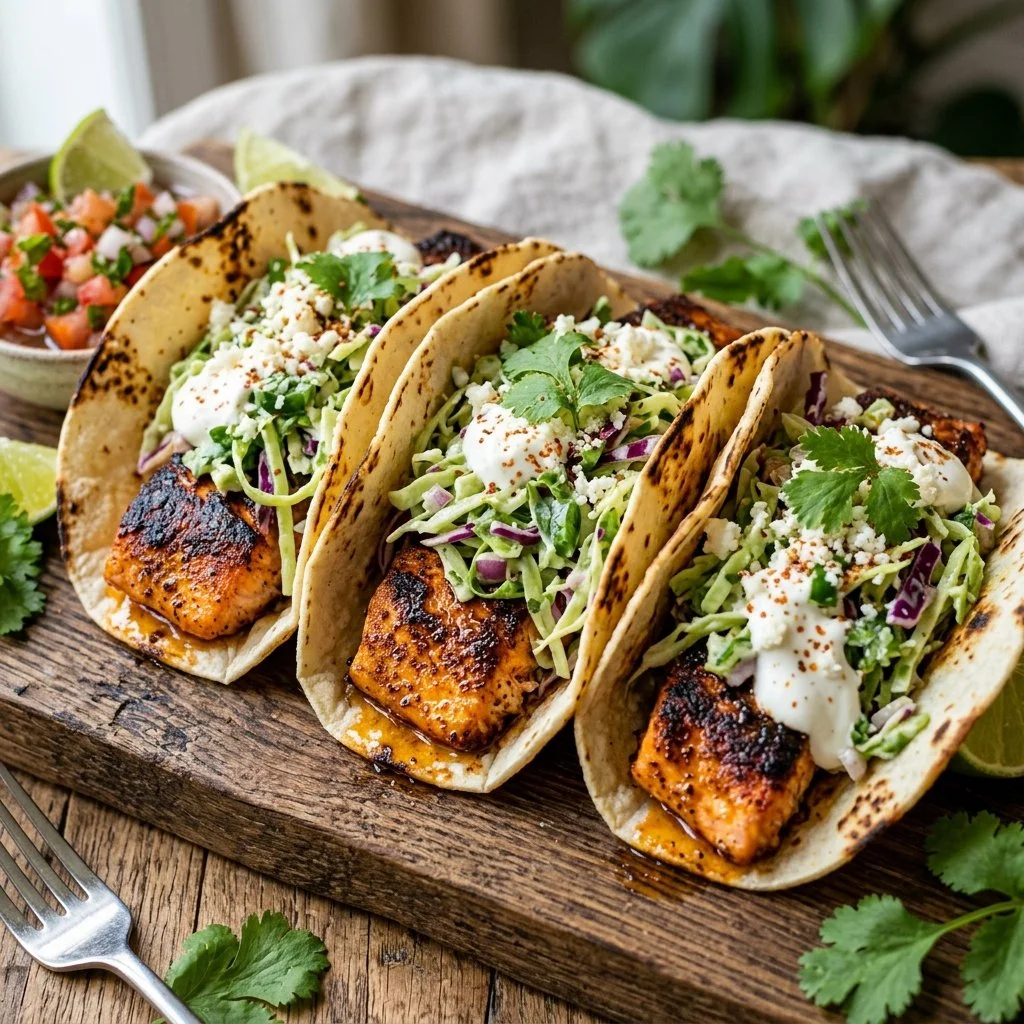 Blackened salmon tacos topped with fresh ingredients and served on a plate.