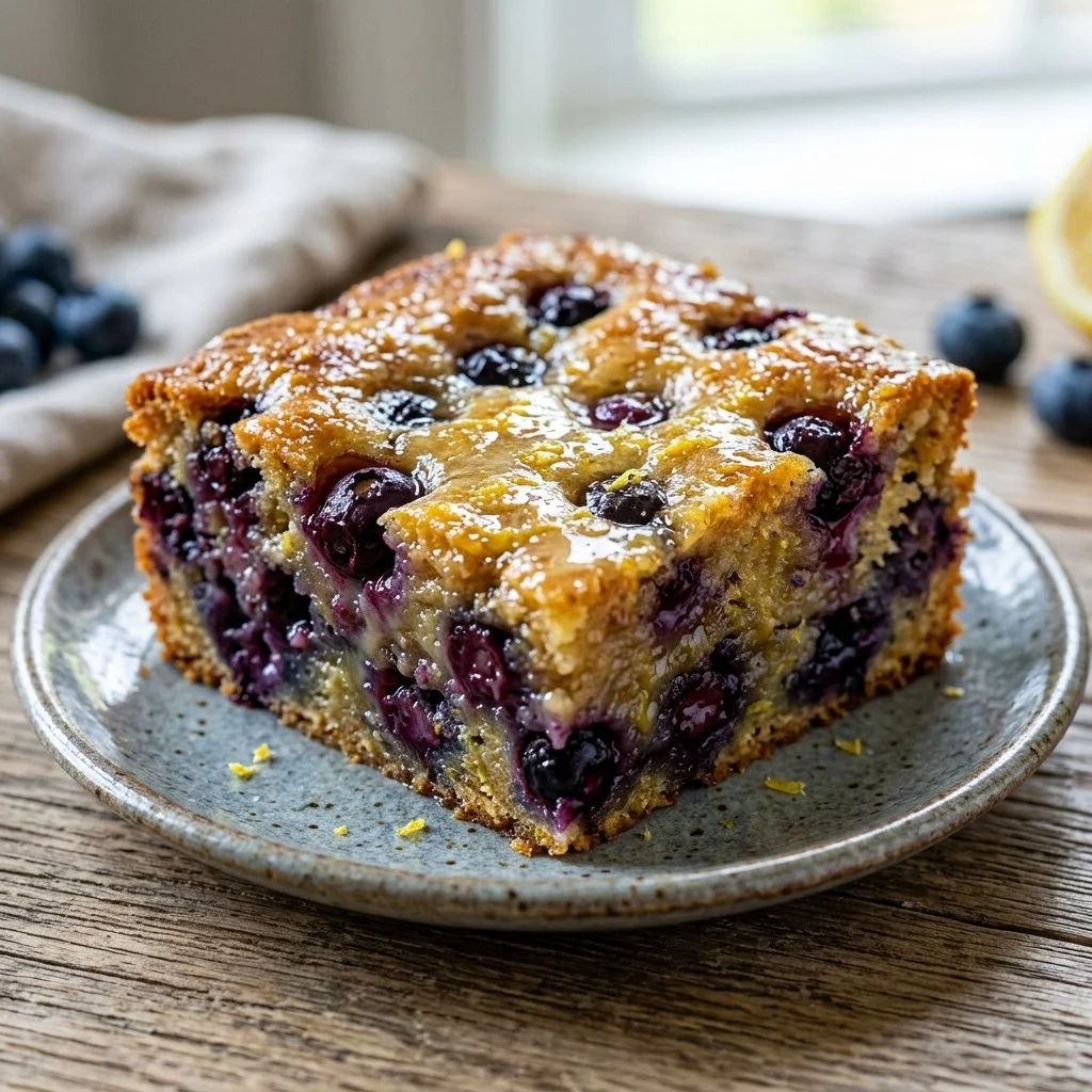 Delicious blueberry lemon blondies on a white plate