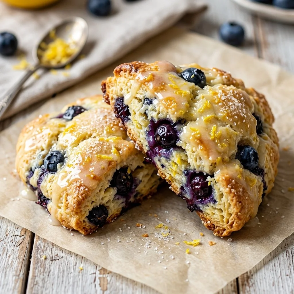Freshly baked blueberry lemon scones with a golden crust and juicy berries