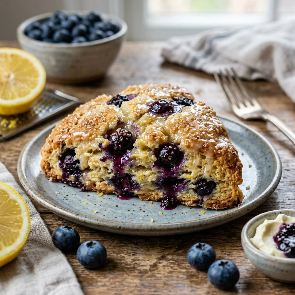 Freshly baked blueberry lemon scones on a plate