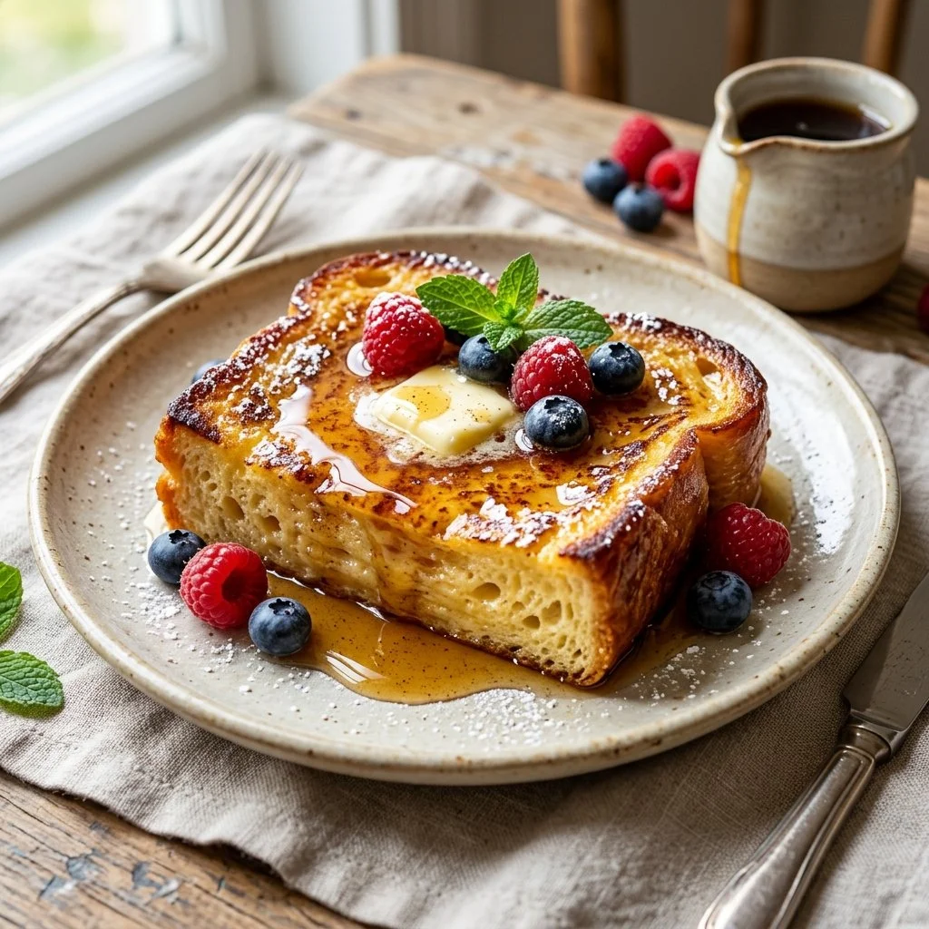 Deliciously toasted Brioche French Toast topped with fresh berries and syrup