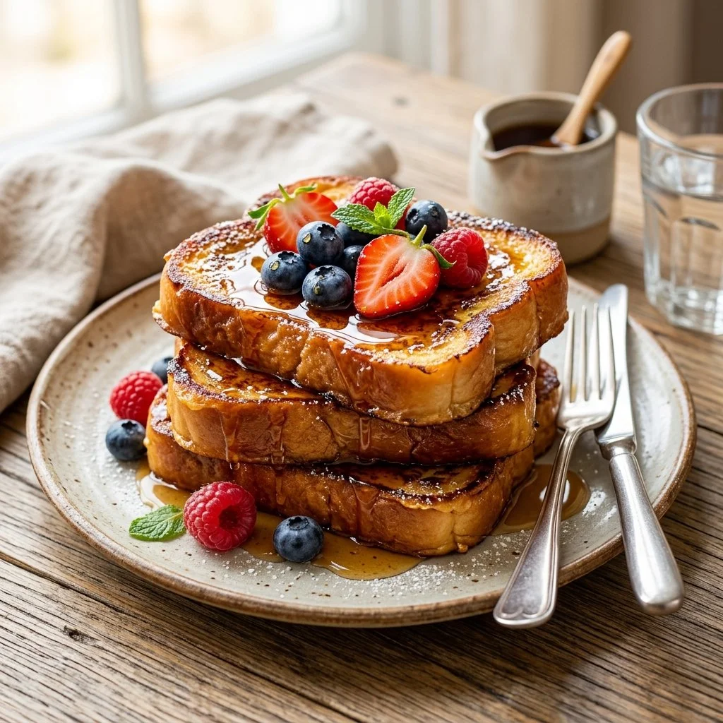 Delicious Brioche French Toast served with syrup and fresh berries