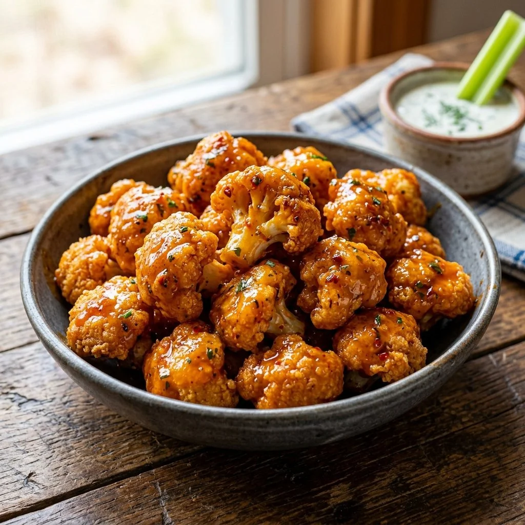 Crispy Buffalo Cauliflower Bites served with dipping sauce