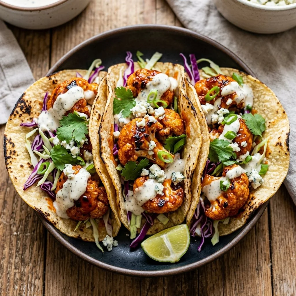 Buffalo Cauliflower Tacos served on a plate with garnishes