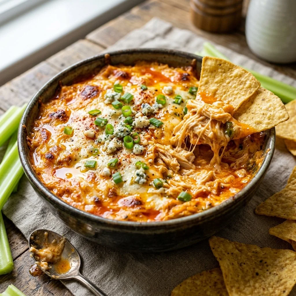 Delicious Buffalo Chicken Dip served with tortilla chips