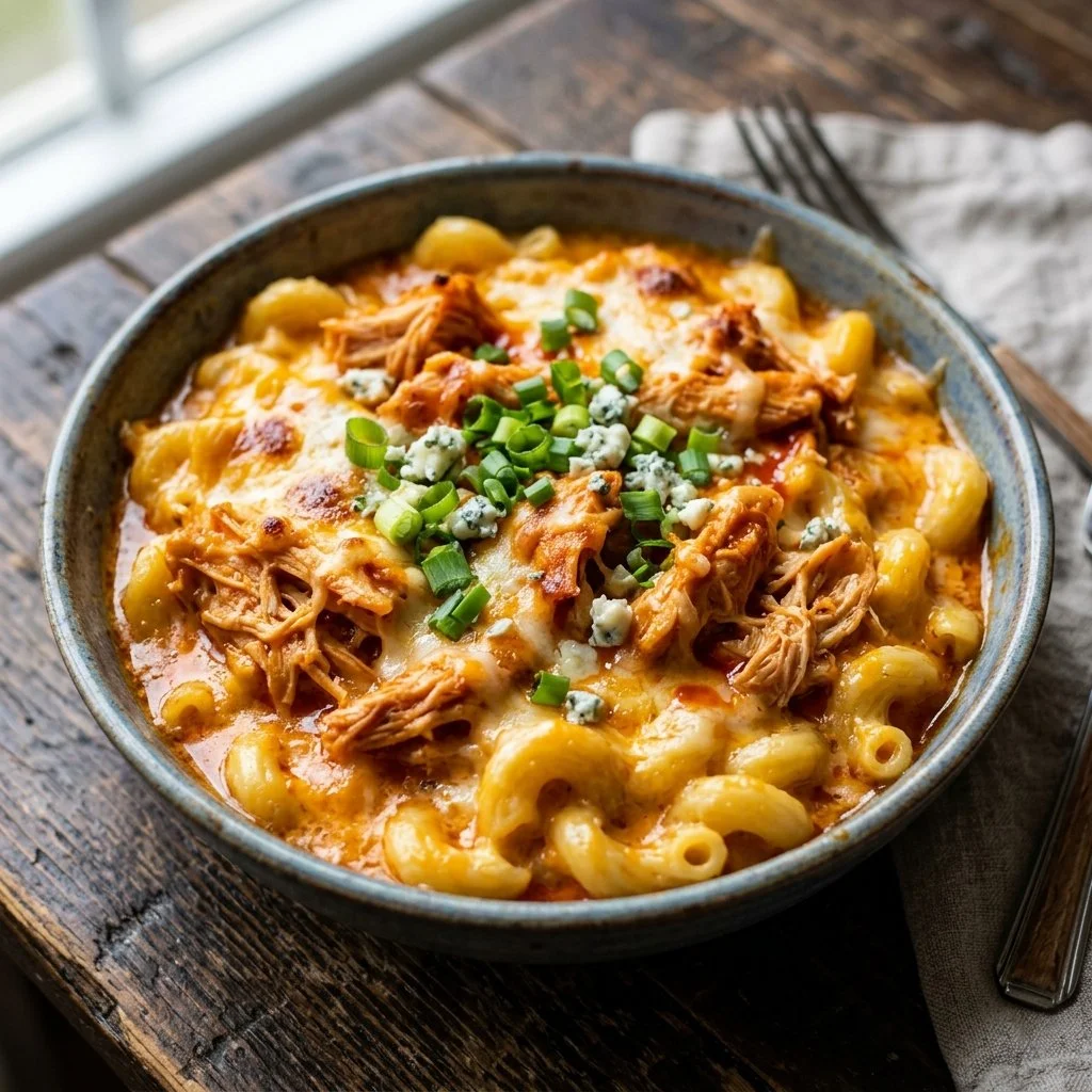 Delicious Buffalo Chicken Mac and Cheese topped with buffalo sauce and cheese.