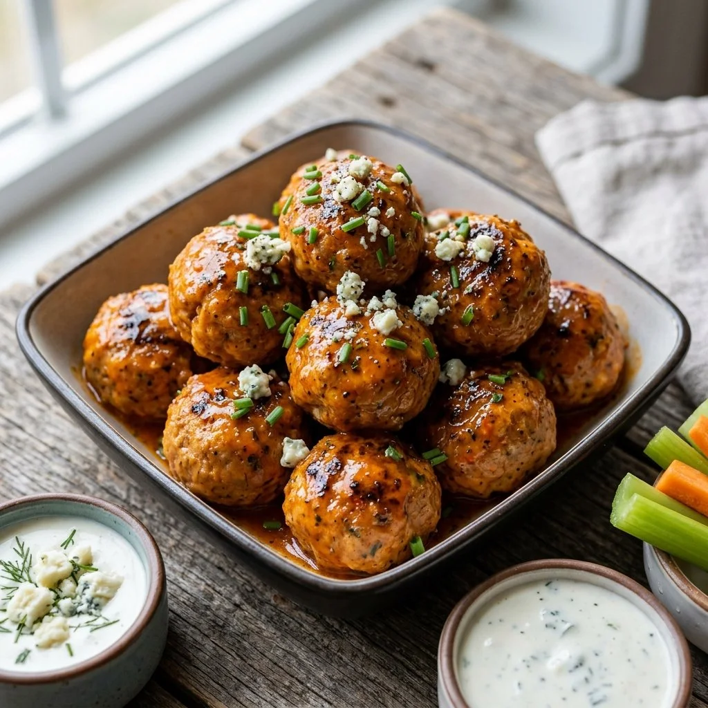 Delicious Buffalo Chicken Meatballs served as a spicy appetizer
