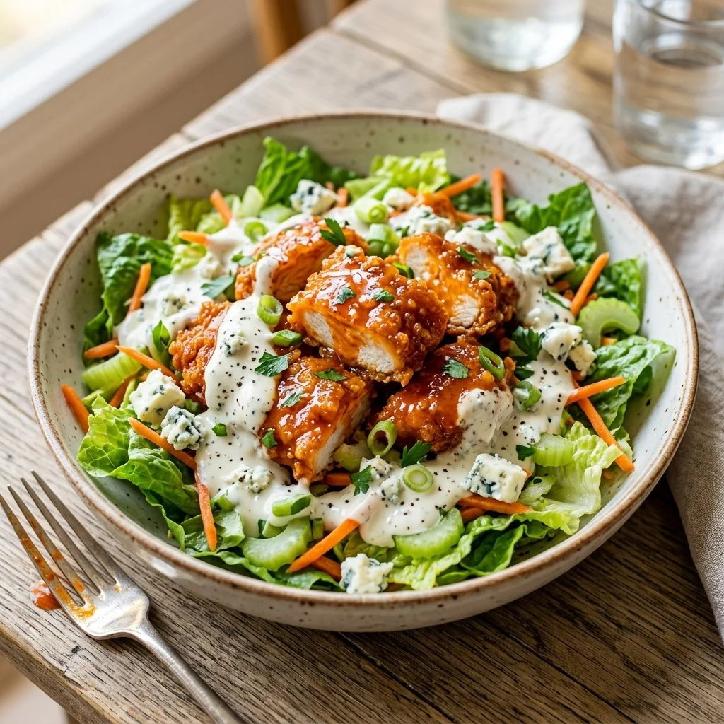 Healthy Buffalo Chicken Salad with fresh ingredients and spicy dressing
