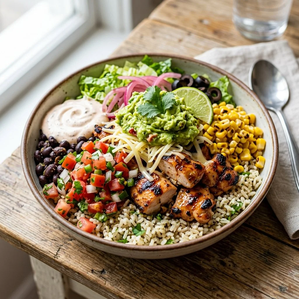 Delicious burrito bowl with fresh ingredients and vibrant colors