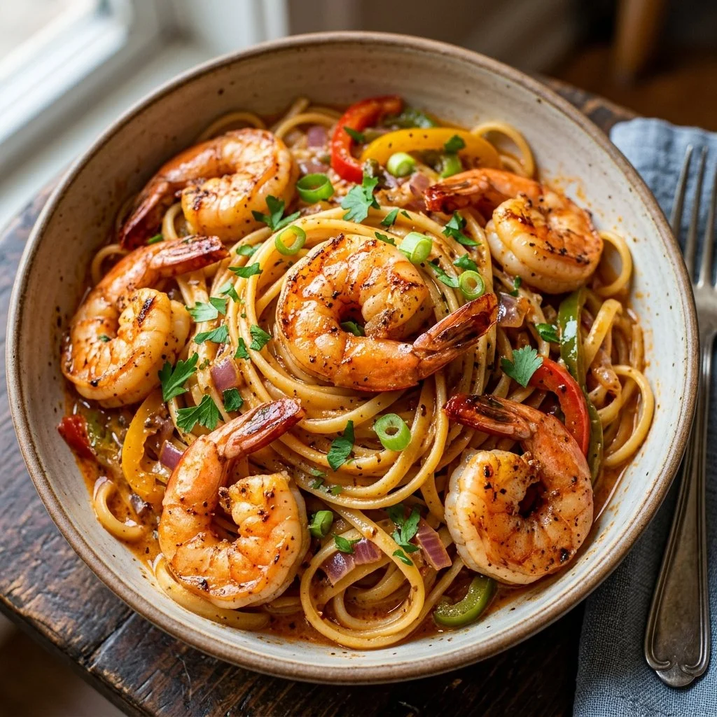 Delicious Cajun Shrimp Pasta with a creamy sauce and spices