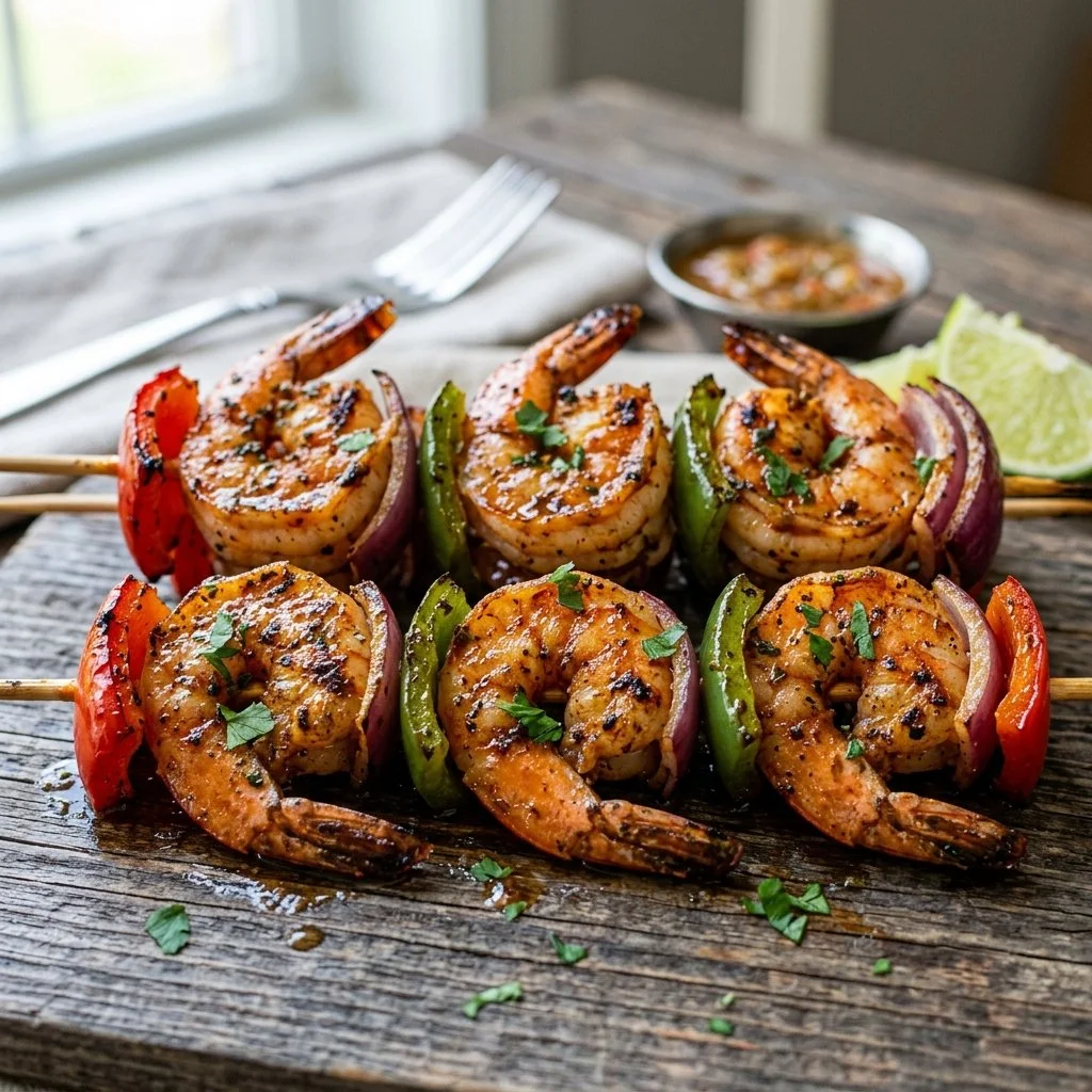 Cajun shrimp skewers with vibrant vegetables on a grill.