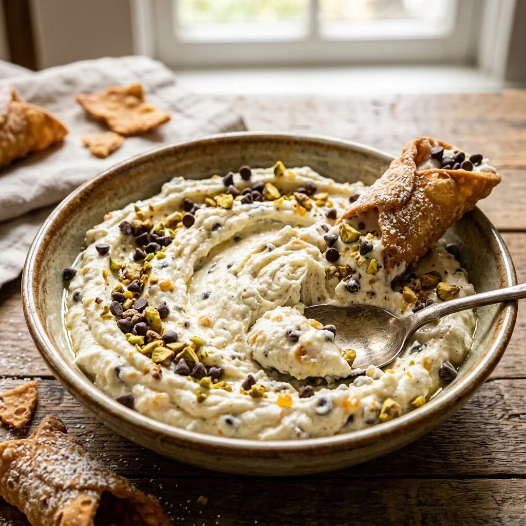 Delicious cannoli dip served with graham crackers and chocolate chips.