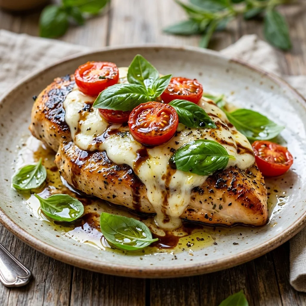 Delicious Caprese Chicken with tomatoes, mozzarella, and basil on a plate