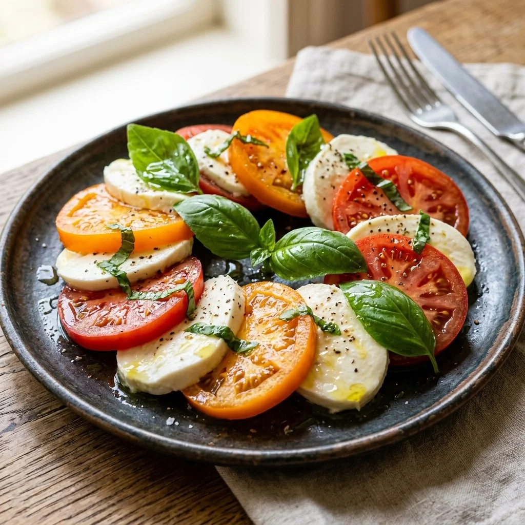 Fresh Caprese Salad with tomatoes, mozzarella, and basil on a plate