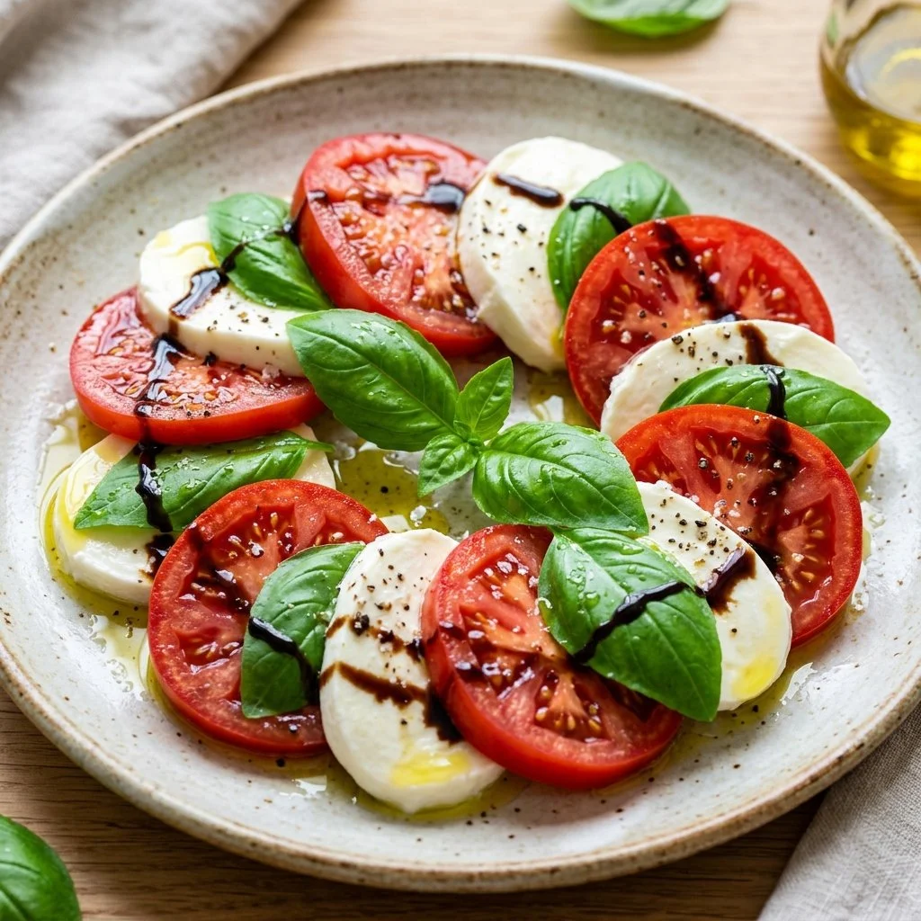 Fresh Caprese Salad with tomatoes, mozzarella, and basil on a plate