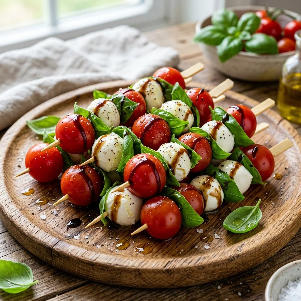 Colorful Caprese Skewers with mozzarella, cherry tomatoes, and fresh basil