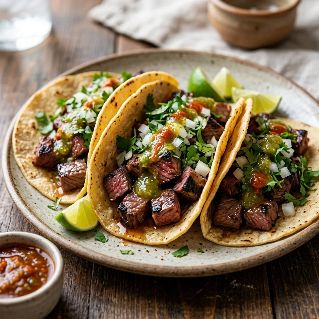 Delicious Carne Asada Tacos with grilled meat and fresh toppings