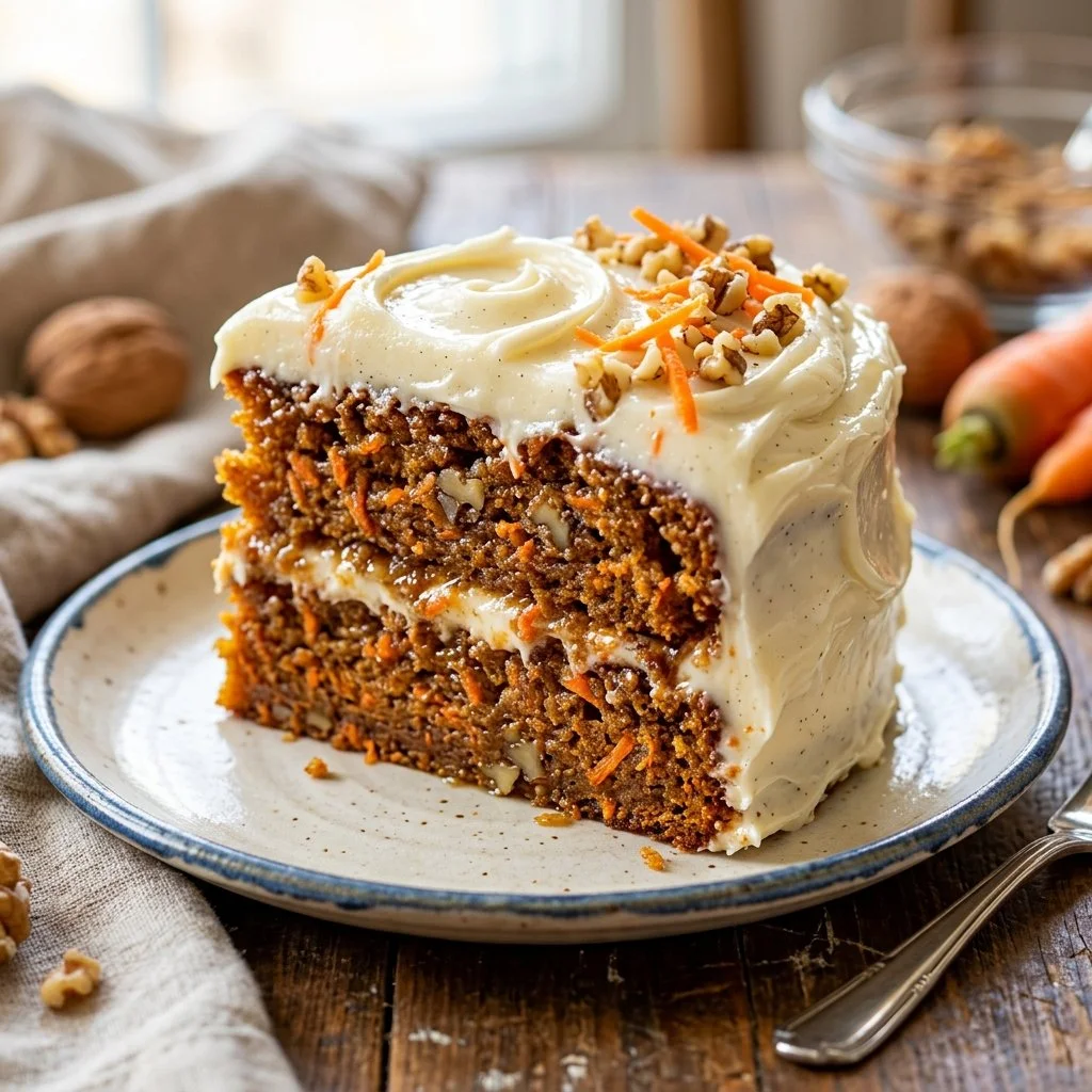 Delicious carrot cake with cream cheese frosting, garnished with nuts.