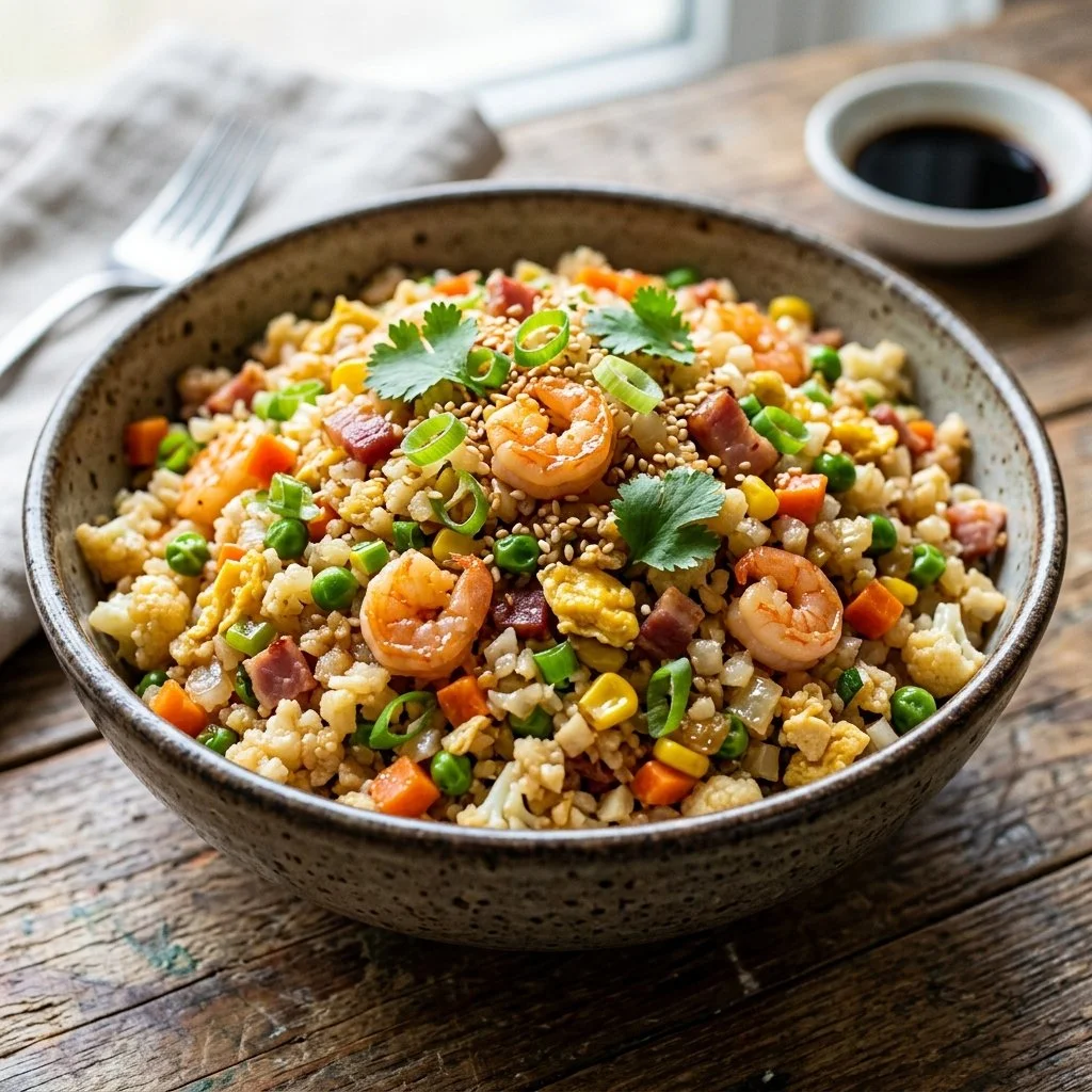 A bowl of cauliflower fried rice with colorful vegetables and herbs