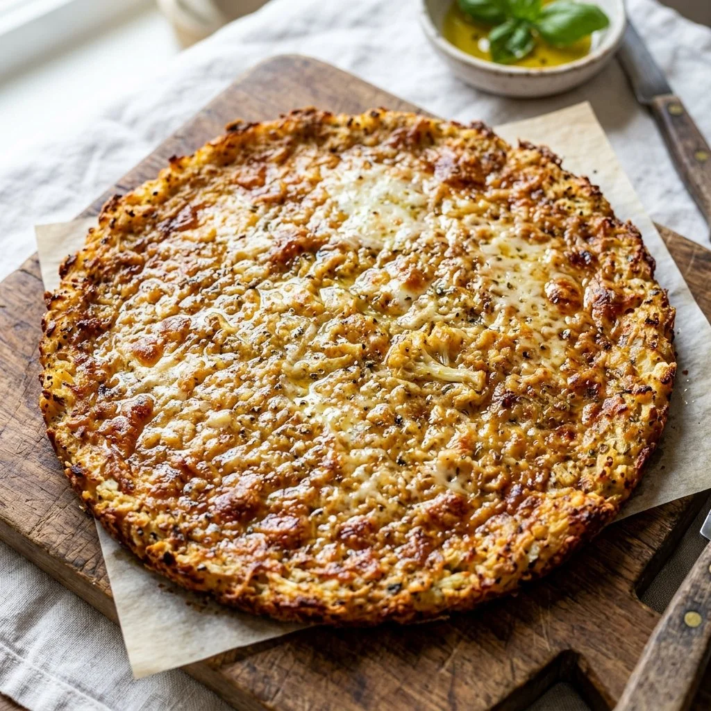 Homemade cauliflower pizza crust topped with fresh vegetables and cheese