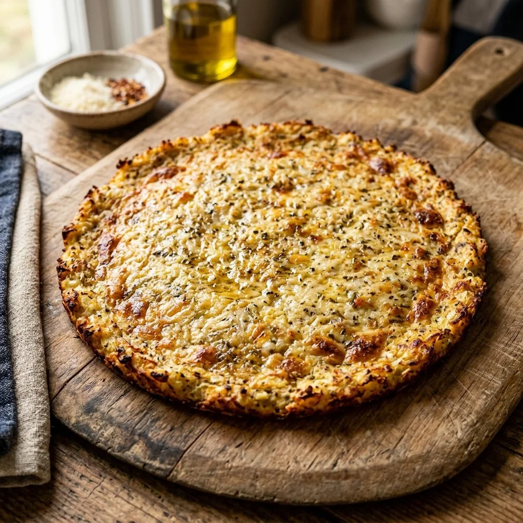 Delicious cauliflower pizza crust topped with fresh ingredients