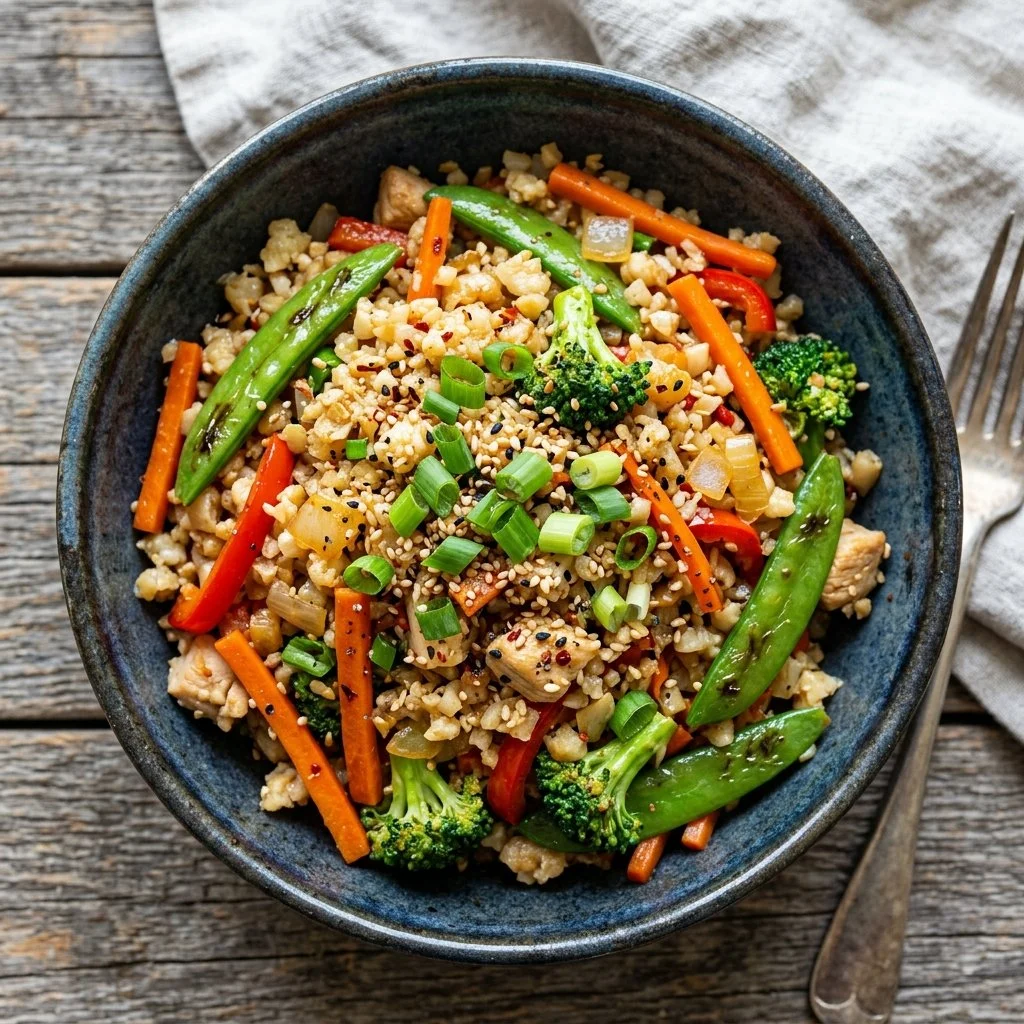 Colorful cauliflower rice stir fry with fresh vegetables in a skillet