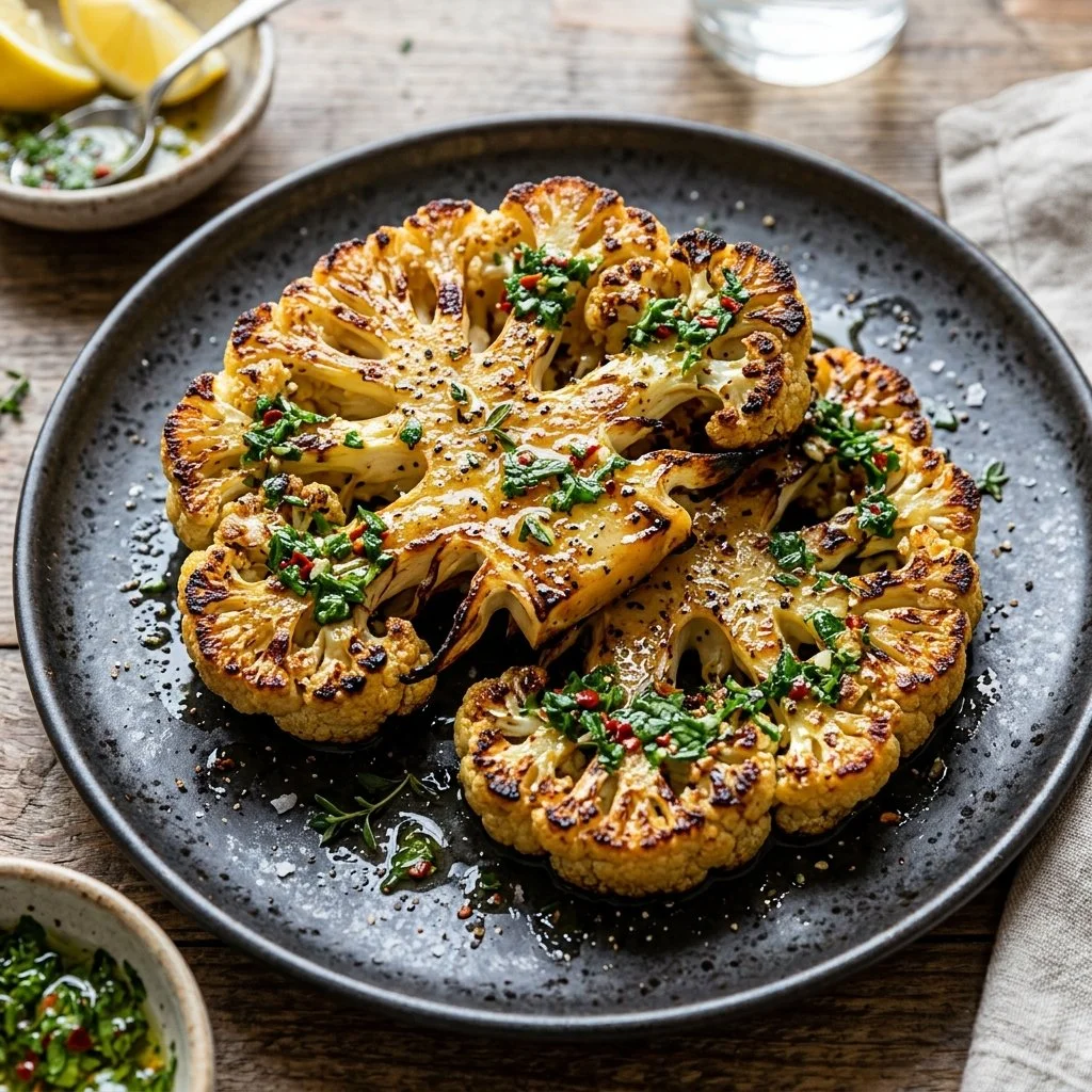 Grilled cauliflower steaks served with herbs and spices on a plate